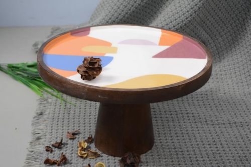 Round Printed Rangeela Wooden Cake Stand, For Restaurant, Hotel, Bar, Size : 29.5 X 29.5 X 17.5 CM