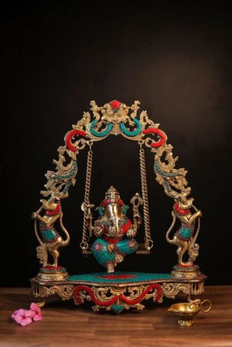 Golden Printed Polished Brass 7kg Swinging Bal Ganesha, For Interior Decor, Office, Home, Gifting