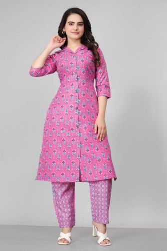 Ladies Pink Cotton Blend Kurta Pant Set