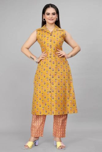 Ladies Yellow Cotton Blend Kurta Pant Set
