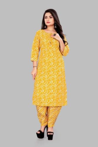 Ladies Yellow Kurti Pant Set, Size : M, XL, XXL