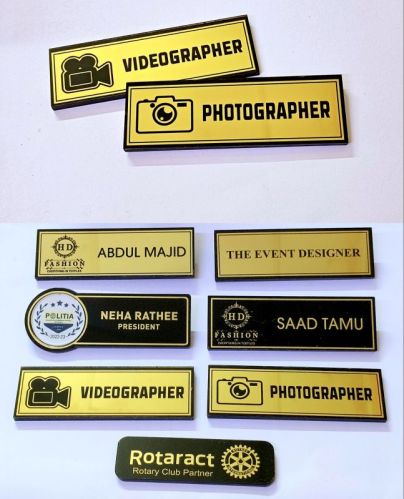 Golden Rectangular Laser Print Acrylic Name Badges, For Office / School / Bank / Ngo, Size : 3x1 Inch