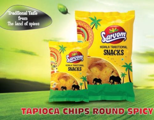 Brownish Sarvom Tapioca Round Spicy Chips, For Human Consumption, Packaging Size : 80gm 150gm