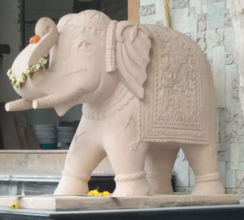 Off White Sandstone Elephant Statue, For Outdoor Decor