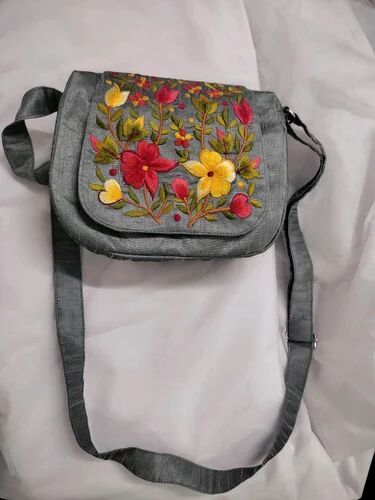 Embroided Silk Grey Embroidered Sling Bag, Size : Multisize