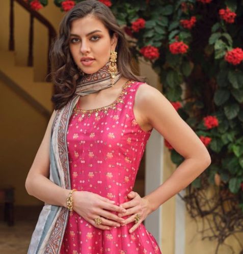 Ladies Pink Printed Silk Abaya Style Suit