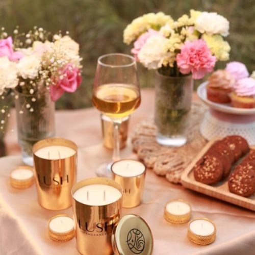 Lush Fragrances Pillar Highest Grade Soy Wax Sunshine Glow Scented Candles, For Decoration, Technics : Handmade