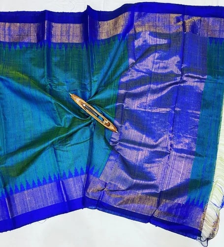 Blue Dupion Tussar Silk Sarees, Saree Length : 6.5 Meter