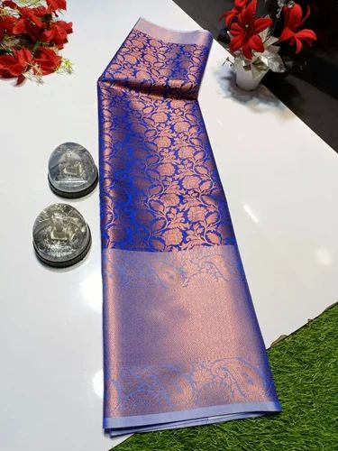 Elegant Blue Soft Banarasi Silk Saree, Speciality : Anti-Wrinkle, Shrink-Resistant