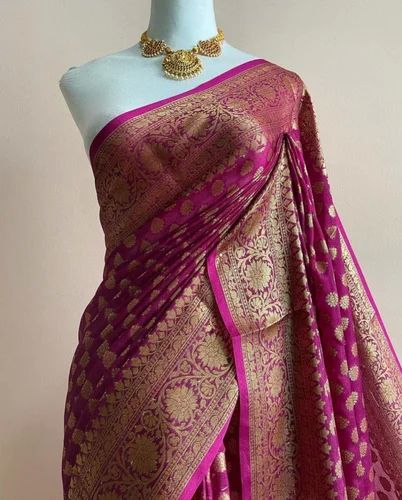 Magenta Banarasi Semi Georgette Silk Saree, Speciality : Anti-Wrinkle, Shrink-Resistant