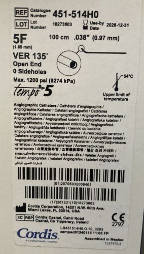Cordis Catheters Tempo Vert For Cardiology