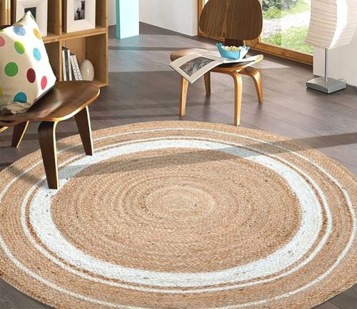 Brown and White Jute Round Carpet For Home, Hotel, Indoor Decoration