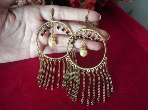 Golden Oxidized Earrings With Cascading Chain, Gender : Female