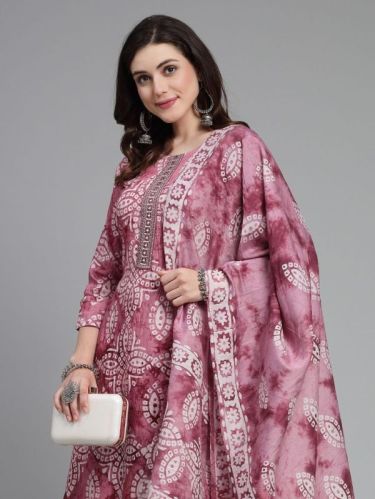 Round Neck Ladies Printed Anarkali Suit, Technics : Machine Made