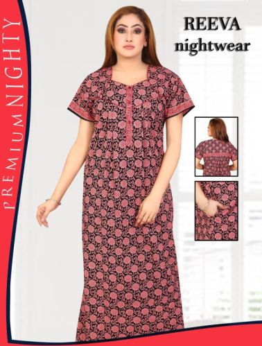 Reeva Black Printed Cotton Nighty, Sleeve Type : Half Sleeve