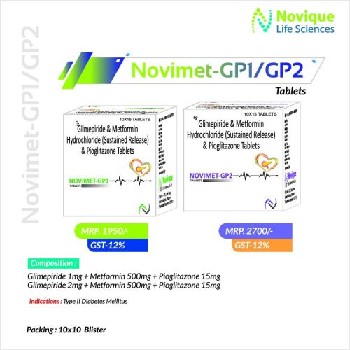 Novimet GP1/GP2 Glimepiride Metformin Hcl Pioglitazone, Packaging Size : 15*10 Tablets