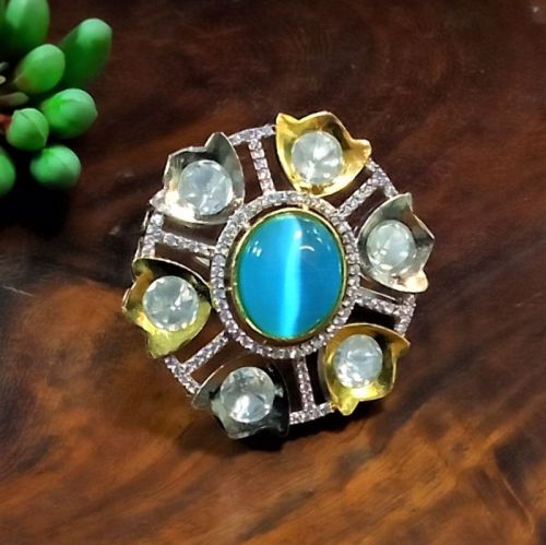 Indiacz.com Metal Polished Kundan Finger Rings, Shape : Round