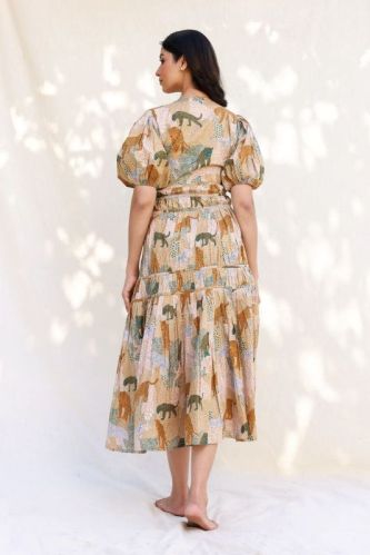 Beige Midi Dress With Abstract Animal Print Design