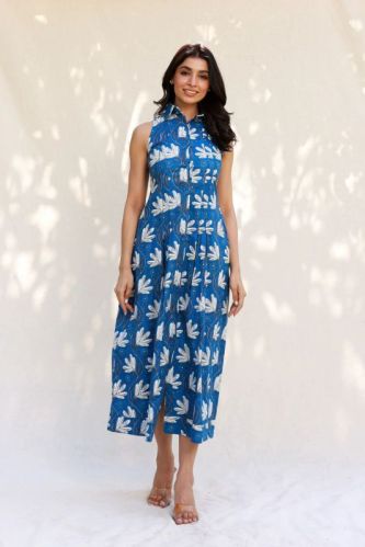 Abstract Floral Print Blue Midi Dress