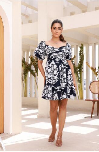 Frill and Flared Short Dress In Black & White Floral Print