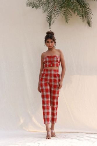 Red Checkered Tube Top With Straight Pants Co-ord Set