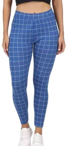 Blue Checkered Cotton Blend Jegging, Gender : Female