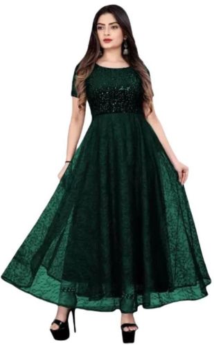 Fully Stitched Embellished Flared Net Gown-green