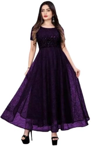 Fully Stitched Embellished Flared Net Gown-purple