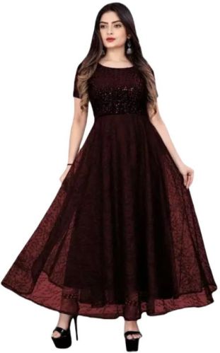 Fully Stitched Embellished Flared Net Gown Wine