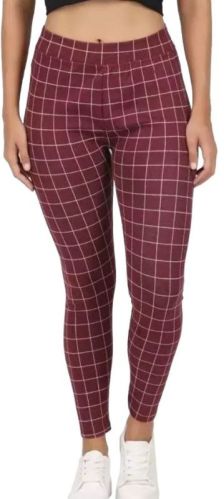 Maroon Checkered Cotton Blend Jegging, Gender : Female