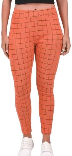 Orange Checkered Cotton Blend Jegging, Technics : Fabric Lycra Denim Mix