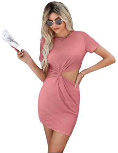 Solid Short Sleeve Party Wear Polyester Mini Bodycon Dress-pink