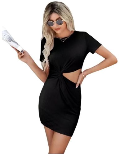 Solid Short Sleeve Party Wear Polyester Mini Bodycon Dress-black