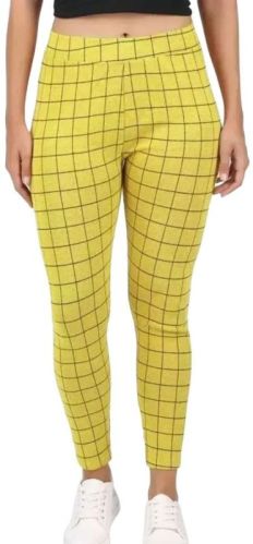 Yellow Checkered Cotton Blend Jegging, Gender : Female