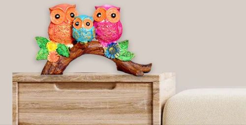 Polyresin Owl Family Bird Statue, Color : Multi Colour