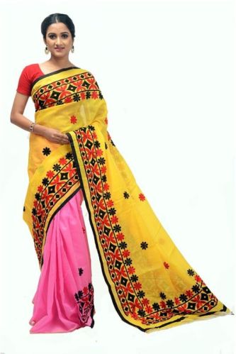 Designer Handloom Bi-color Saree, Color : Yellow-pink