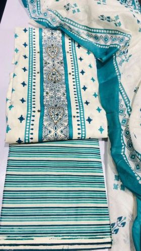 Dark Turquoise Cotton Unstitched Suits