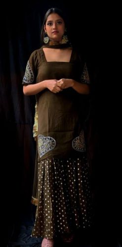 Olive Green Georgette Hand Embroidered Garara Suit Set