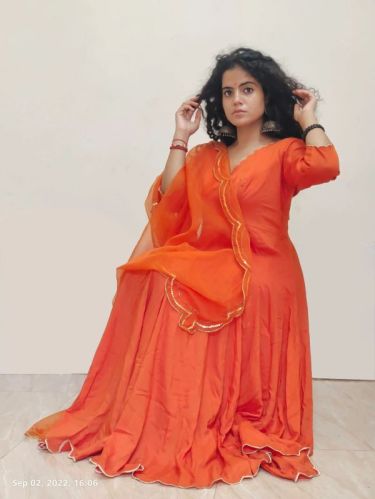 Orange Embroidered Cotton Anarkali Kurti