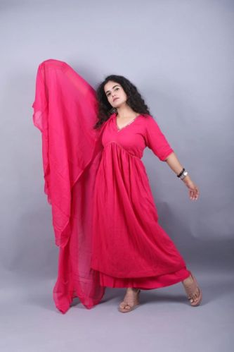 Pink Gathered Hand Embroidered Kurta