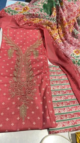 Red Cotton Unstitched Suit Set