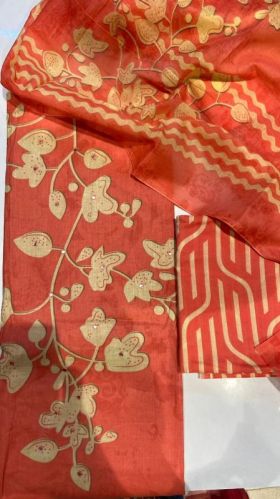 Red Printed Cotton Unstiched Suit