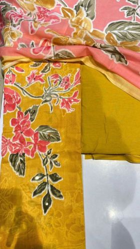 Yellow Flower Printed Cotton Unstitched Suit