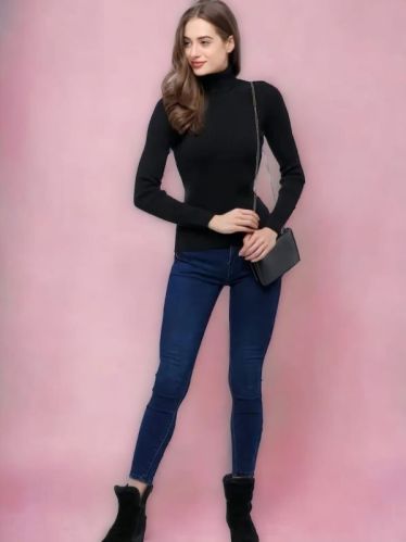 Solid Polyester High Neck Dress, Color : Black, Length : Knee-length