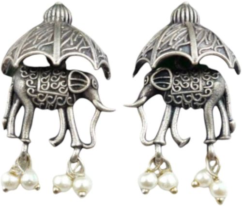 RaaSya Brass/Alloy Elephant Silver Oxidised Earrings