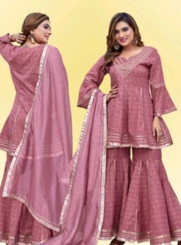 Cotton Pink Printed Sharara Suit, Sleeves Type : Full Sleeves