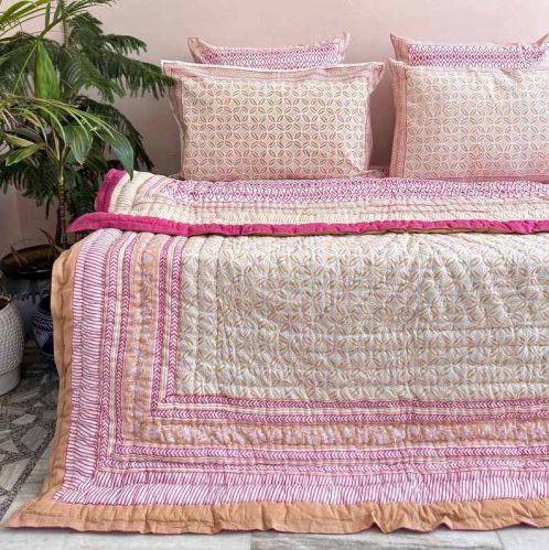 Hand Block Printed Double Bed Quilt With Pillow Covers