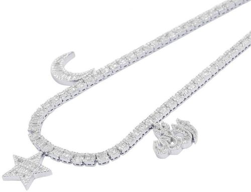 10k White Gold 16.5ct Baguette Moissanite Diamond Tennis Chain