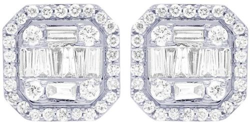 White Gold 10k Round and Baguette Diamond Earrings