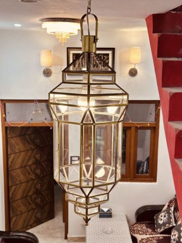 Polished Metal Glass Hanging Lantern For Light Decoration